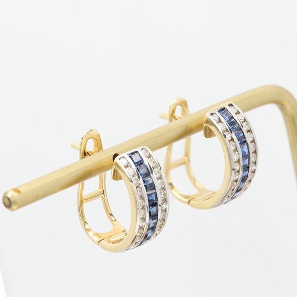 14k Gold Huggie Earrings with Natural Blue Sapphire and Diamonds - Picture 3 of 6